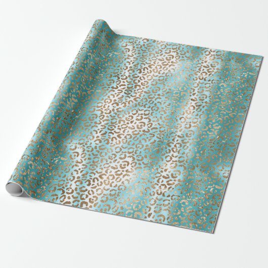 Aqua White Gold Leopard Print Geschenkpapier (Ungerollt)