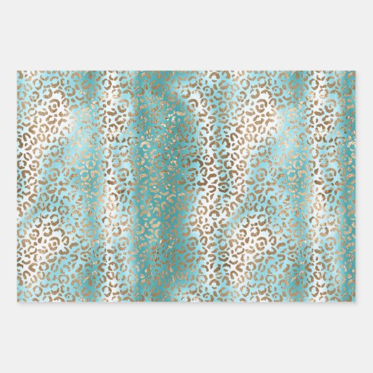 Aqua White Gold Leopard Print Geschenkpapier Set (Vorderseite)