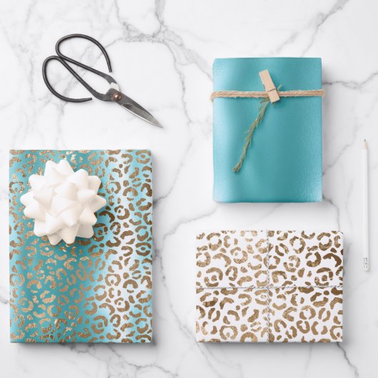 Aqua White Gold Leopard Print Geschenkpapier Set (Vorderseite)