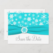Aqua, White, Graue Schneeflocken Save the Date Kar Ankündigungspostkarte (Vorne/Hinten)