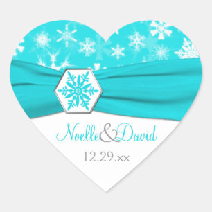 Aqua, White, Gray Snowflakes Hochzeitsticker Herz-Aufkleber