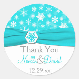 Aqua, White, Gray Snowflakes Hochzeitsticker Runder Aufkleber