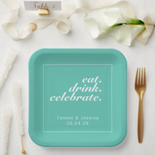 Aqua & White Moderne Minimalistische Hochzeit Pappteller