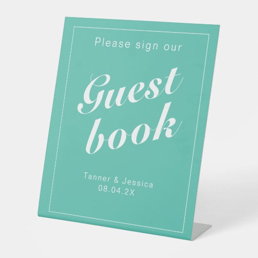 Aqua & White Modernes Minimalistisches Gästebuch Sockelschild (Vorderseite)