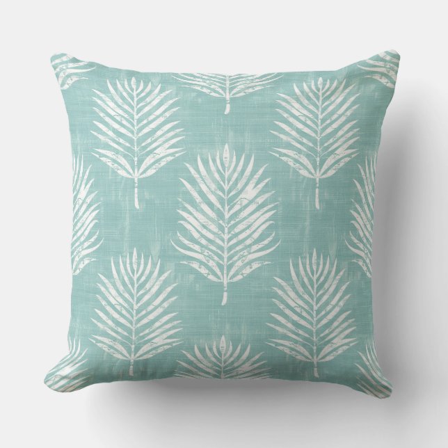 Aqua & White Palm Leaf Throw Kissen (Vorderseite)