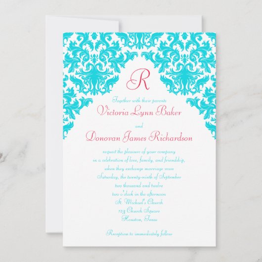 Aqua, White, Red Damask Mit Monogramm Einladung (Vorderseite)