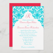 Aqua, White, Red Damask Mit Monogramm Einladung (Vorne/Hinten)
