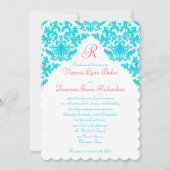 Aqua, White, Red Damask Mit Monogramm Einladung (Vorderseite)