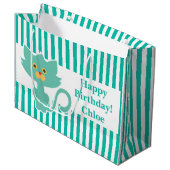 Aqua-White Strip ・ Katze ・ kundenspezifisch Große Geschenktüte (Vorderseite Schrägansicht)