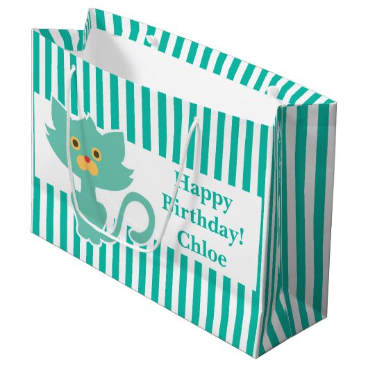 Aqua-White Strip ・ Katze ・ kundenspezifisch Große Geschenktüte (Vorderseite Schrägansicht)