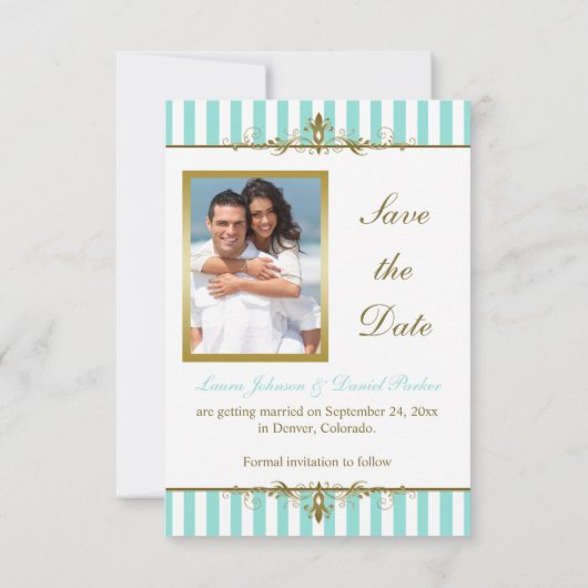 Aqua, White Stripes, Gold Scroll Save the Date Kar (Rückseite)