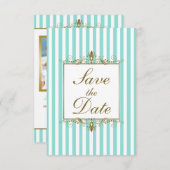 Aqua, White Stripes, Gold Scroll Save the Date Kar (Vorne/Hinten)