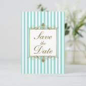 Aqua, White Stripes, Gold Scroll Save the Date Kar (Stehend Vorderseite)