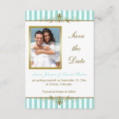 Aqua, White Stripes, Gold Scroll Save the Date Kar (Rückseite)