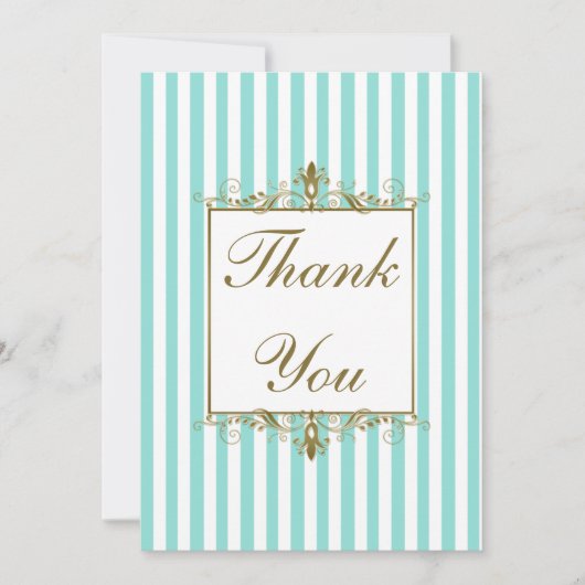Aqua, White Stripes Gold Scrolls FOTO Vielen Dank Dankeskarte (Vorderseite)