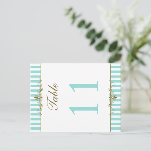 Aqua, White Stripes Gold Scrolls Tischnummer Card (Stehend Vorderseite)