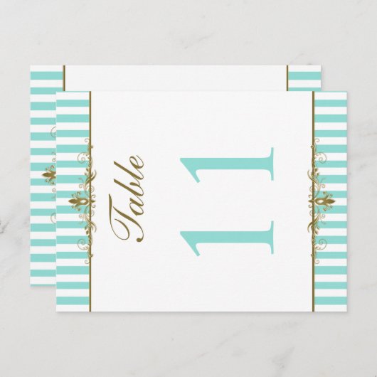 Aqua, White Stripes Gold Scrolls Tischnummer Card (Vorne/Hinten)