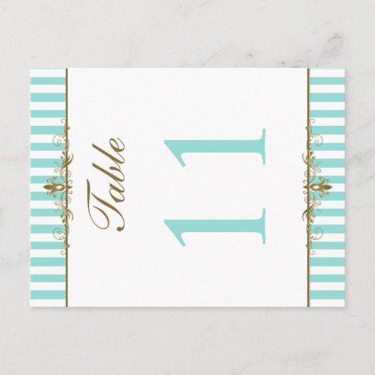 Aqua, White Stripes Gold Scrolls Tischnummer Card (Vorderseite)