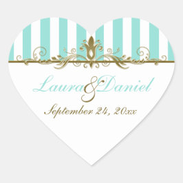 Aqua, White Stripes Gold Scrolls Wedding Sticker