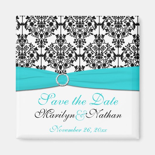 Aqua, White und Black Damask Wedding Fvor Magnet (Vorne)