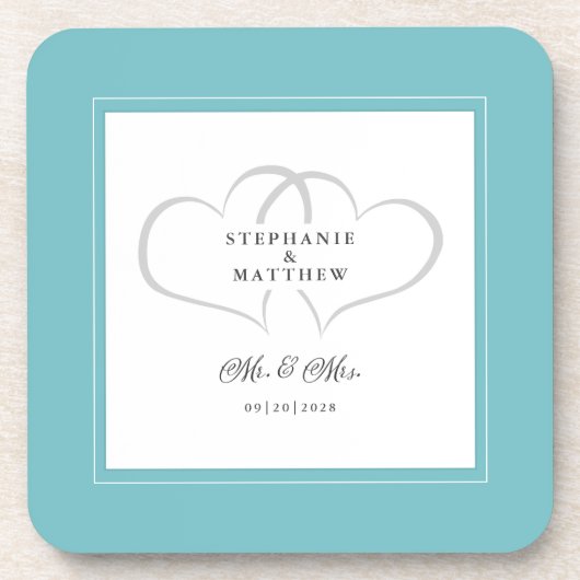 Aqua White Wedding Mr & Mrs Elegant Chic Hearts Getränkeuntersetzer (Vorderseite)