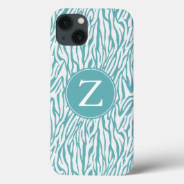 Aqua White Zebra Print Monogram iPhone 13 Hülle