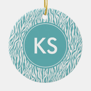 Aqua White Zebra Print Monogram Keramikornament