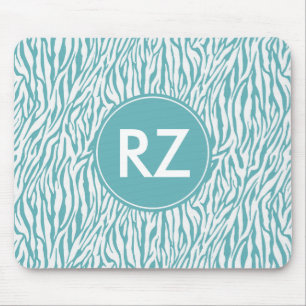 Aqua White Zebra Print Monogram Mousepad