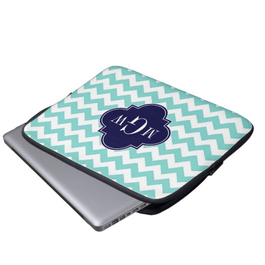 Aqua White Zickzack Navy Blue Quatrefoil 3 Monogra Laptopschutzhülle (Vorne Knopf)