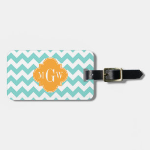 Aqua WhZickzack Cantaloupe Quatrefolie 3 Monogramm Gepäckanhänger
