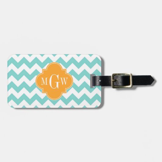 Aqua WhZickzack Cantaloupe Quatrefolie 3 Monogramm Gepäckanhänger (Vorderseite horizontal)