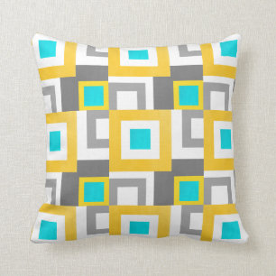 Aqua Yellow Grey White Abstrakt Geometric Squares Kissen
