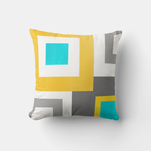 Aqua Yellow Grey White Geometric Squares Kissen (Vorderseite)