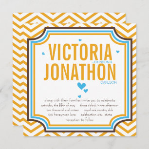 Aqua Yellow Modern Zig Zag Typografy Wedding Einladung