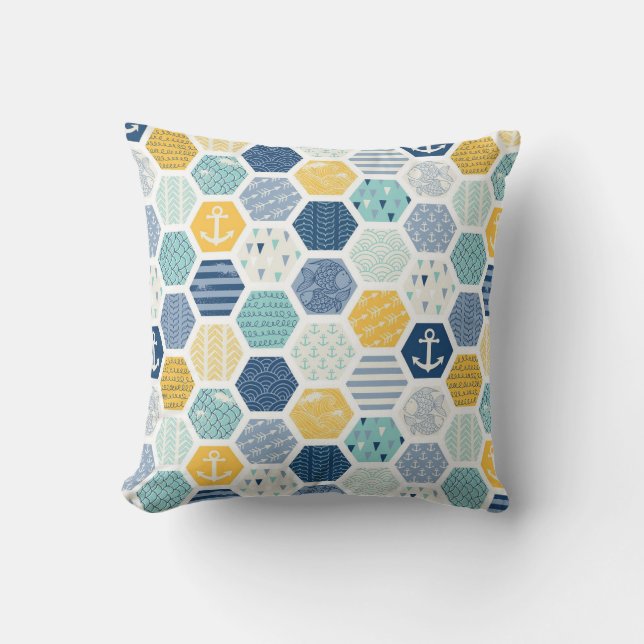 Aqua Yellow Nautical Coastal Tiles Pattern Kissen (Vorderseite)