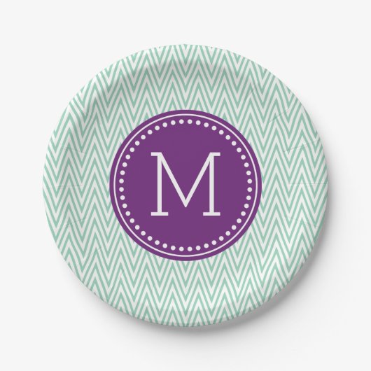 Aqua-Zickzack personalisiertes Monogramm Pappteller (Vorderseite)