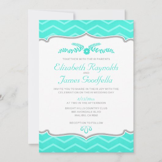 Aqua Zigzag Hochzeit Einladungen (Vorderseite)