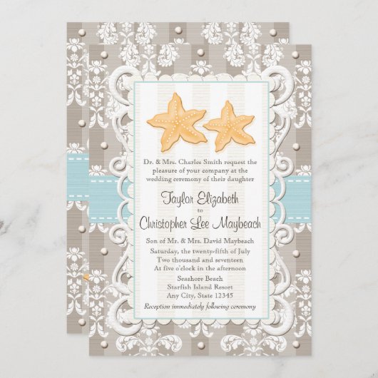 Aquablaue Starfish-Hochzeits-Einladungen Einladung (Vorne/Hinten)