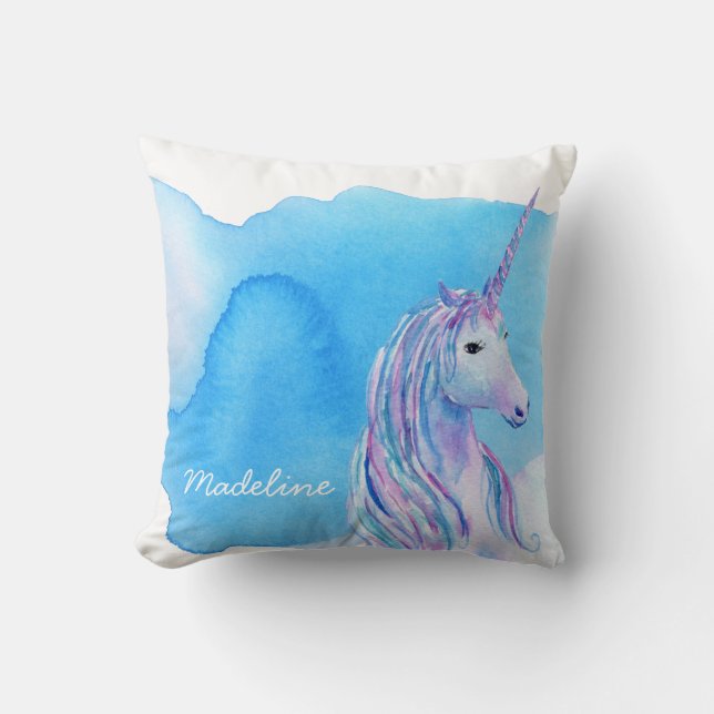 Aquablauer personalisierter WatercolorUnicorn Kissen (Vorderseite)
