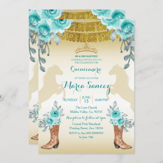 Aqual Aquamarin Türkis1 Pferde & Stiefel Quinceane Einladung (Vorne/Hinten)