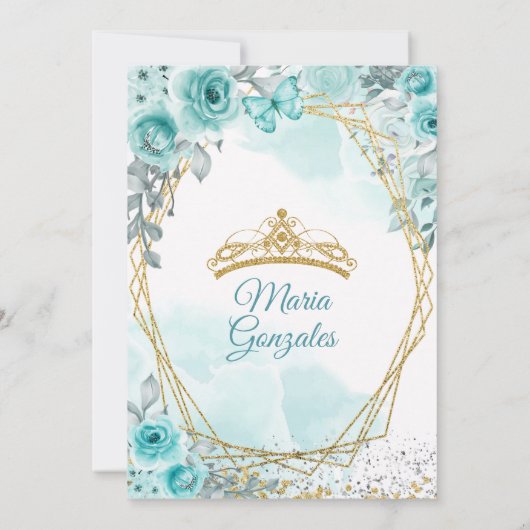 Aqual Aquamarin Türkis3 Schmetterling & Rose Mis Q Einladung (Rückseite)