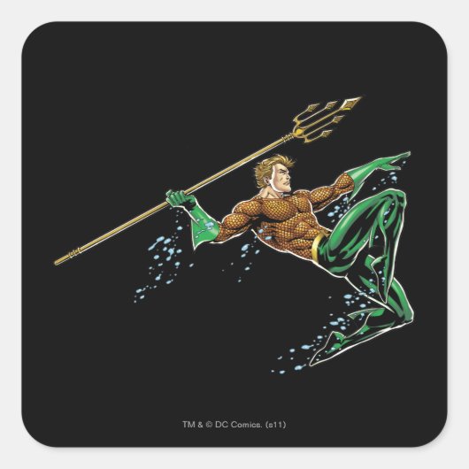 Aquaman Lunging mit Spear Quadratischer Aufkleber (Vorderseite)