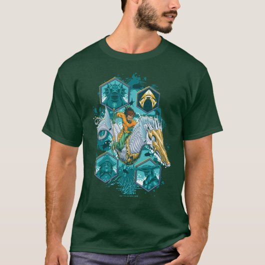 Aquaman Riding Seepferd über Kingdoms T-Shirt (Vorderseite)