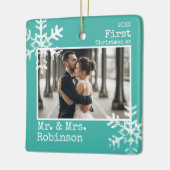 Aquamarin 1. Weihnachten & Mrs. Foto Keramikornament (Links)