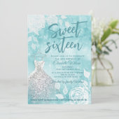 Aquamarin Adorable Bokeh Weiße Rosen 16 . Geburtst Einladung (Stehend Vorderseite)