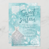 Aquamarin Adorable Bokeh Weiße Rosen 16 . Geburtst Einladung (Vorne/Hinten)