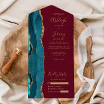 Aquamarin Agate Gold Burgundy Wedding All In One Einladung<br><div class="desc">Die links Kulisse dieses eleganten, modernen und einladenden Hochzeitszimmers und der UAWG besticht durch eine aquamarine, blaue Aquarellgrenze mit vergoldetem Imitat-Glitzer. Der anpassbare Text kombiniert goldfarbenes whimsical handwriting skript, copperplate und kursiv Schriftart auf bordeauxrotem Hintergrund. Die Rücksendeadresse erscheint auf der Außentafel und auf der Rückseite der abnehmbaren RSVP-Karte in goldfarbenem...</div>