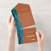 Aquamarin Agate Gold Burnt Orange Wedding All In One Einladung (Abreißen)