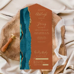 Aquamarin Agate Gold Burnt Orange Wedding All In One Einladung<br><div class="desc">Die links Kulisse dieses eleganten, modernen und einladenden Hochzeitszimmers und der UAWG mit einer bordeauxroten Aquarellgrenze, die mit dem vergoldeten Glitzer der Imitate bestickt ist. Der anpassbare Text kombiniert blassgoldfarbene whimsical Handschrift, Copperplate und kursiv Schriftart auf einem verbrannten orangen Hintergrund. Die Rücksendeadresse erscheint auf der Außentafel und auf der Rückseite...</div>