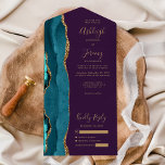 Aquamarin Agate Gold Glitzer Lila Hochzeit All In One Einladung<br><div class="desc">Die links Kulisse dieses eleganten, modernen und einladenden Hochzeitszimmers und der UAWG besticht durch eine aquamarine, blaue Aquarellgrenze mit vergoldetem Imitat-Glitzer. Der anpassbare Text kombiniert goldfarbene whimsical Handschriftenschrift, Copperplate und kursiv Schriftart auf einem lila Hintergrund. Die Rücksendeadresse erscheint auf der Außentafel und auf der Rückseite der abnehmbaren RSVP-Karte in goldfarbenem...</div>